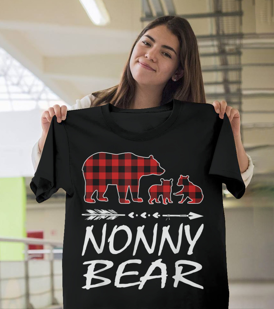 Nonny Bear with Two Cubs in Red Plaid with Arrows T-Shirt