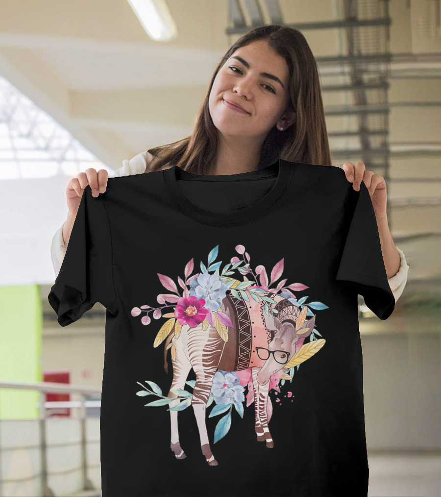 Okapi Wearing Glasses with Floral Patterns for Girls and Women Cute Baby Okapi T-Shirt