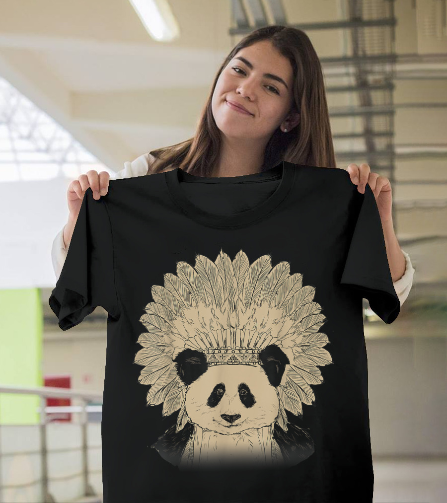 Panda Bear Native Indian American Animal Lover Panda Headdress T-Shirt