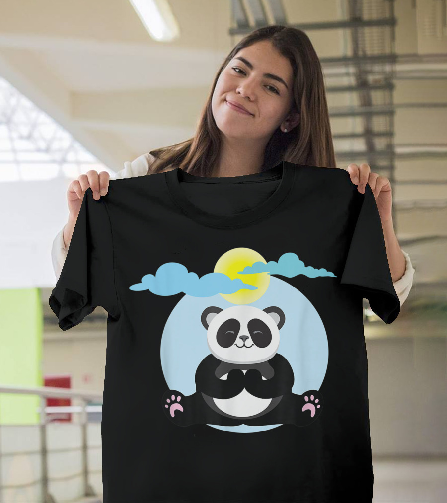 Panda Yoga Meditation Namaste Under Sun and Clouds T-Shirt