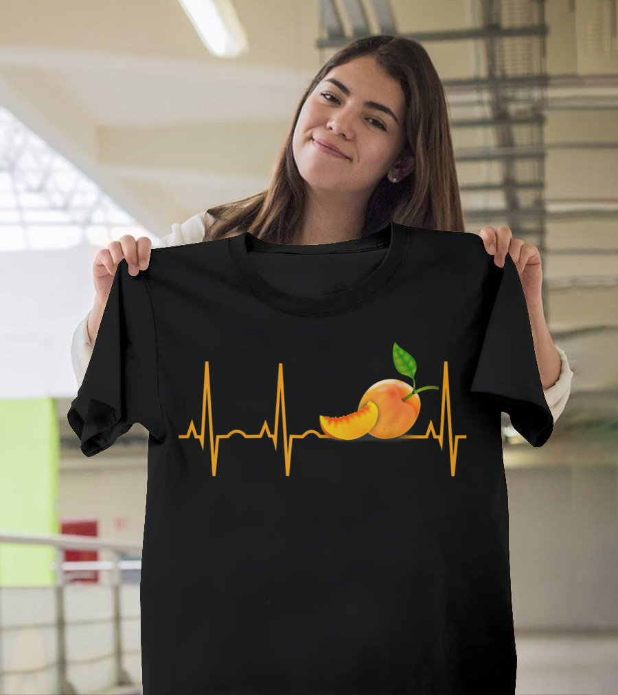 Peach Lover Fruit Heartbeat with Peach Slice and Green Leaf T-Shirt