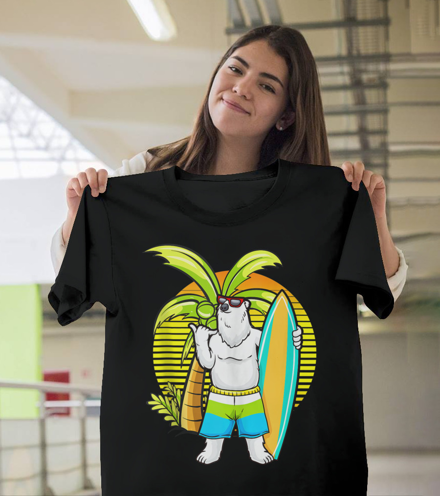 Polar Bear in Sunglasses with Surf Board and Swim Trunks by Palm Tree T-Shirt