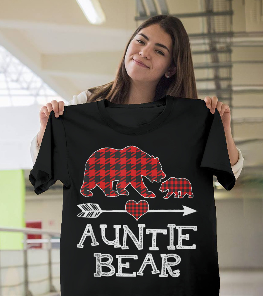Auntie Bear Red Plaid Buffalo Matching One Cub T-Shirt