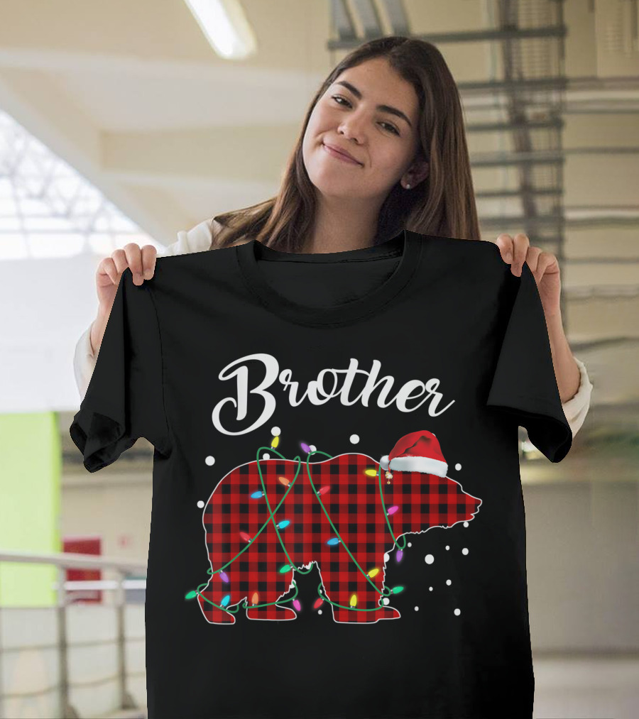 Brother Red Plaid Bear Christmas Lights Santa Hat Buffalo Matching T-Shirt