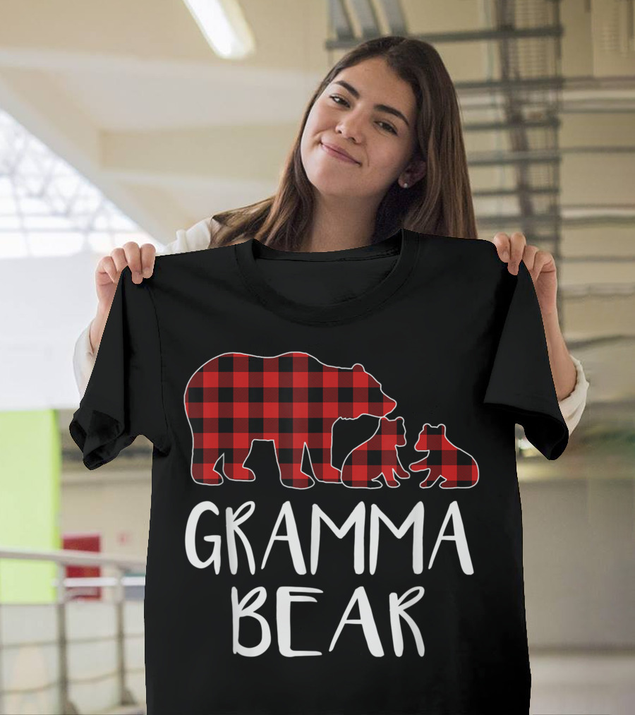 Gramma Bear Two Cubs Red Plaid Buffalo Check Matching T-Shirt