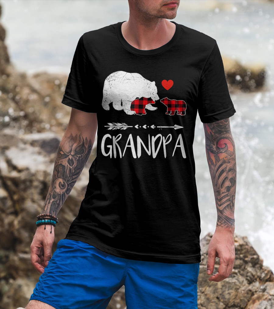 Grandpa Bear Red Plaid Two Cubs Heart Arrow Buffalo Matching T-Shirt