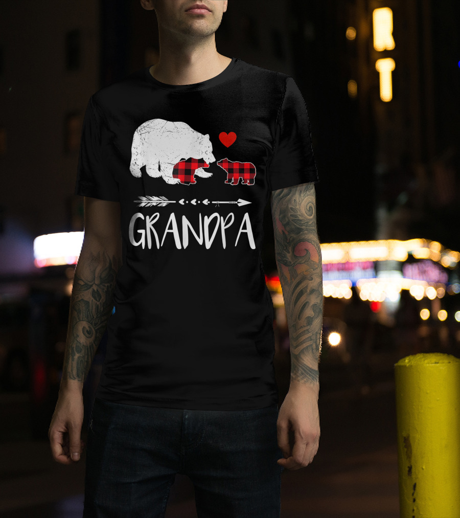 Grandpa Bear Red Plaid Two Cubs Heart Arrow Buffalo Matching T-Shirt