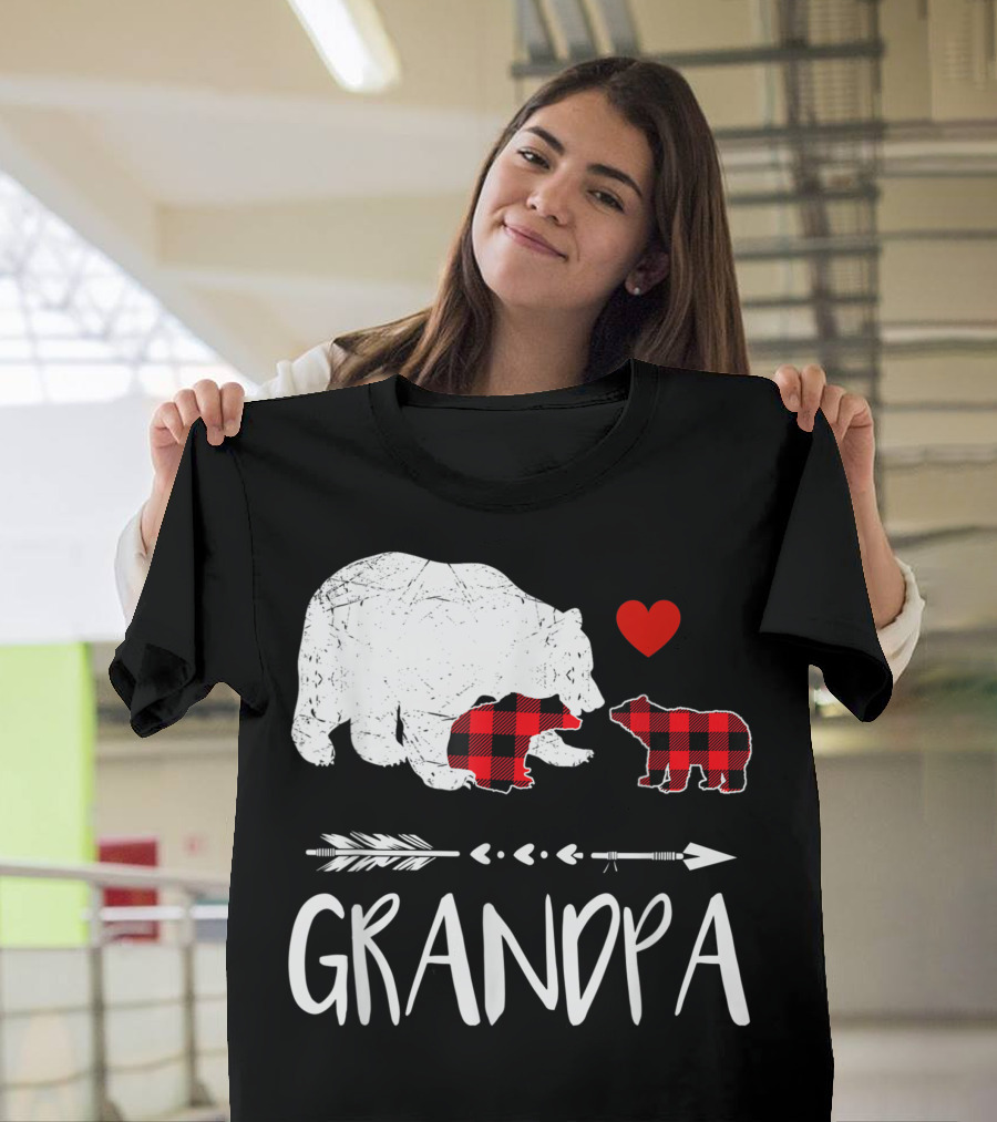 Grandpa Bear Red Plaid Two Cubs Heart Arrow Buffalo Matching T-Shirt