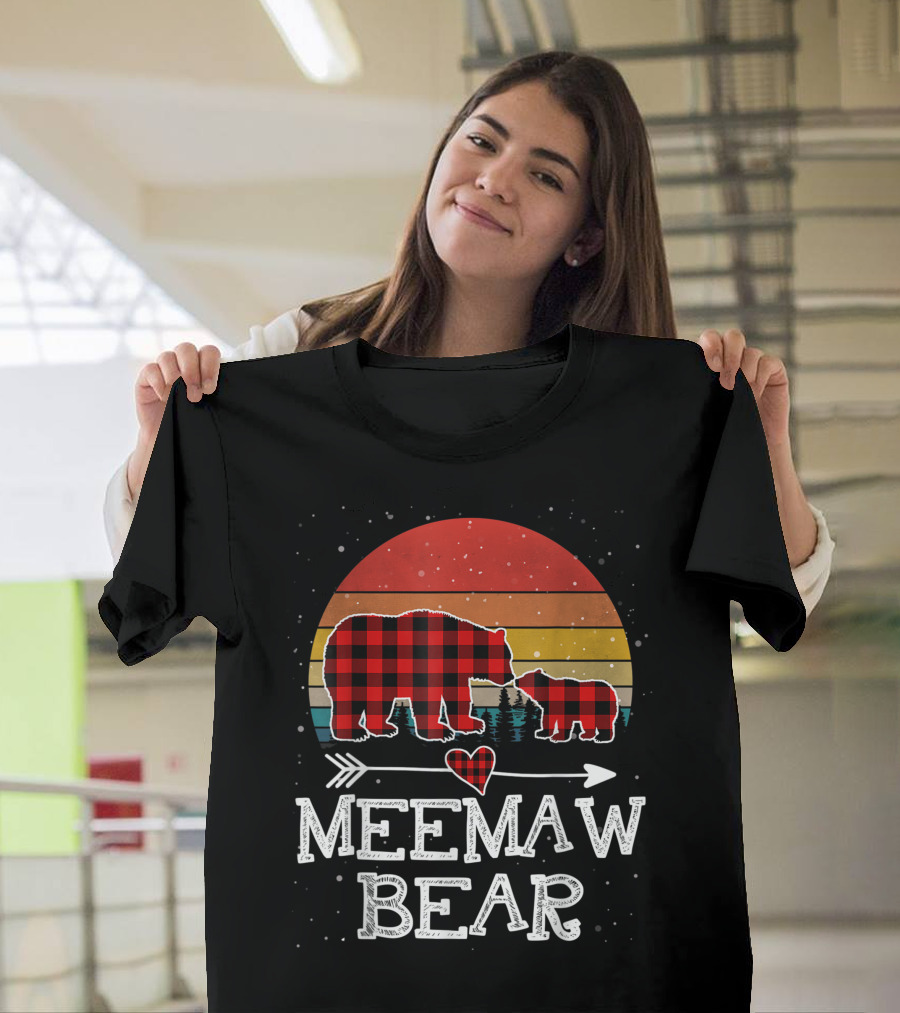 Matching Red Plaid Meemaw Bear and Cub Buffalo Retro Sunset T-Shirt