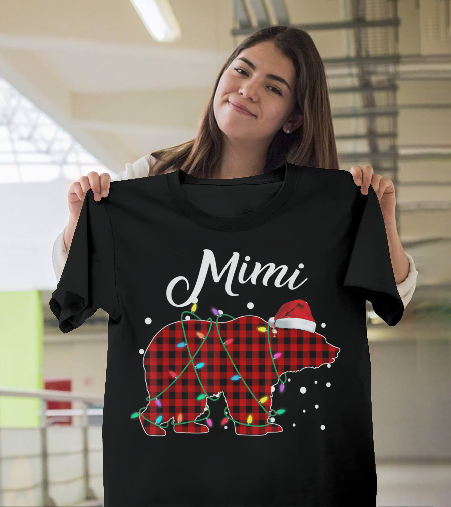 Mimi Red Plaid Bear Buffalo Christmas Lights Santa Hat T-Shirt