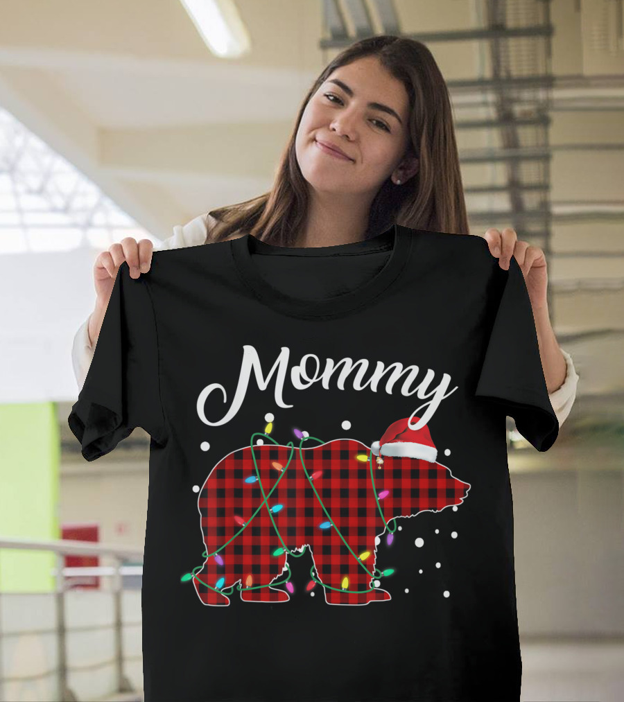 Mommy Bear Christmas Lights Red Plaid Buffalo Santa Hat T-Shirt