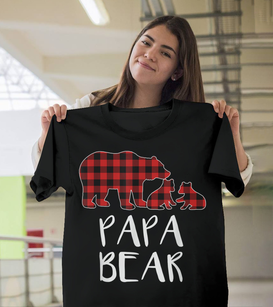 Papa Bear Red Plaid Buffalo Two Cubs Matching T-Shirt