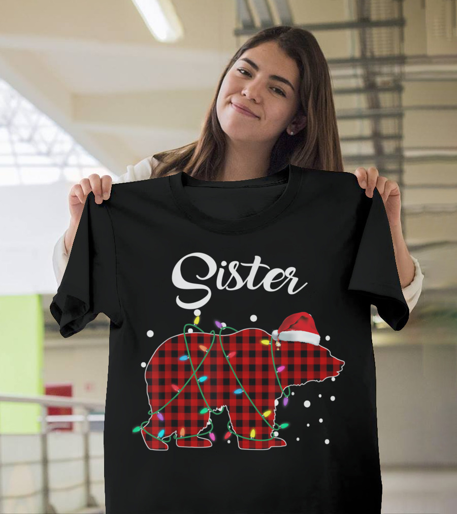 Sister Bear Red Plaid Christmas Buffalo Lights Santa Hat T-Shirt