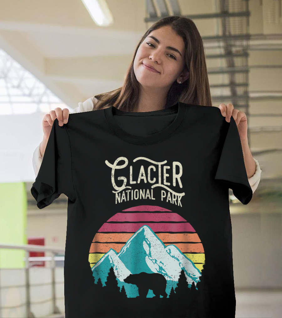 Glacier National Park Retro Mountain Bear with Sunset Stripes T-Shirt