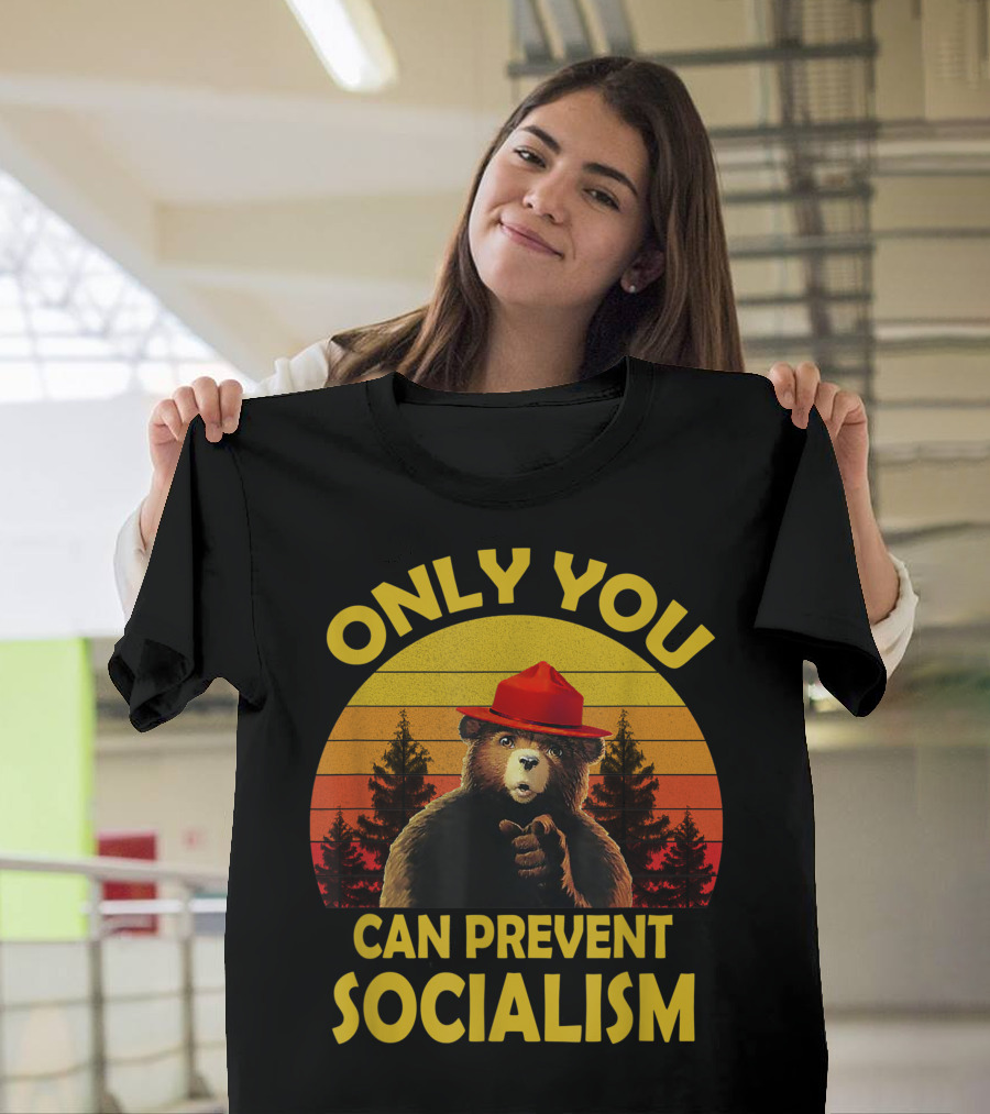 Vintage Only You Can Prevent Socialism Bear with Red Hat and Forest Background T-Shirt