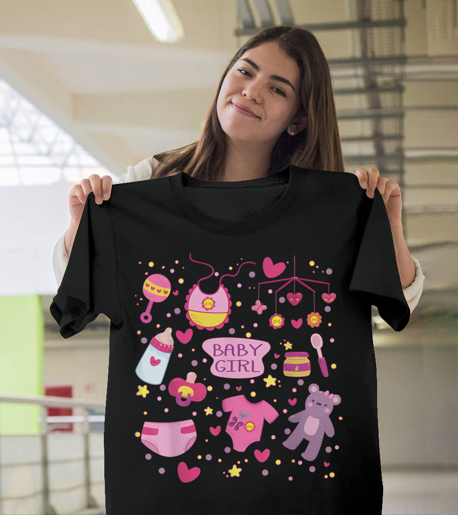 Baby Girl Collection Toy Bear Bottle Bib Mobile Hearts T-Shirt
