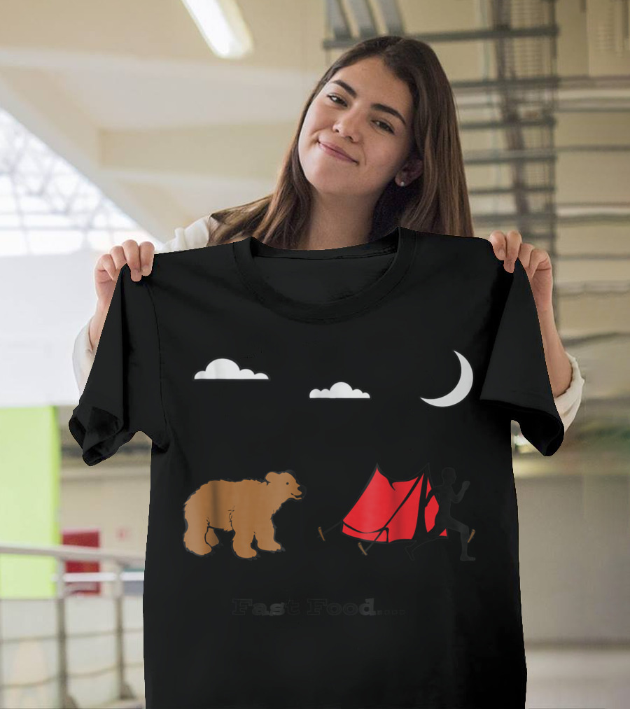 Fast Food Humorous Camping Bear Chase Moon Clouds Tent T-Shirt