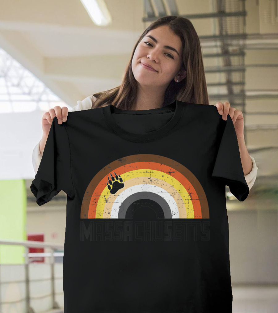 Massachusetts Bear Pride Paw Print Rainbow T-Shirt