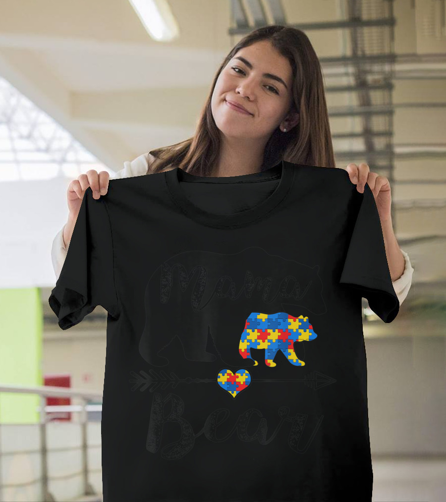 Mama Bear with Puzzle Piece Heart and Arrow Autism Awareness T-Shirt