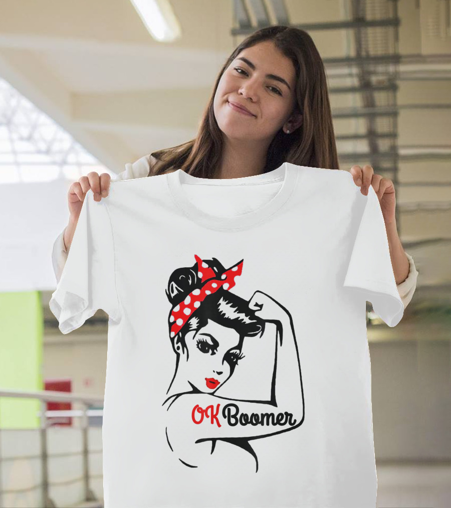 OK Boomer Rosie the Riveter Girl Red Polka Dot Bandana T-Shirt