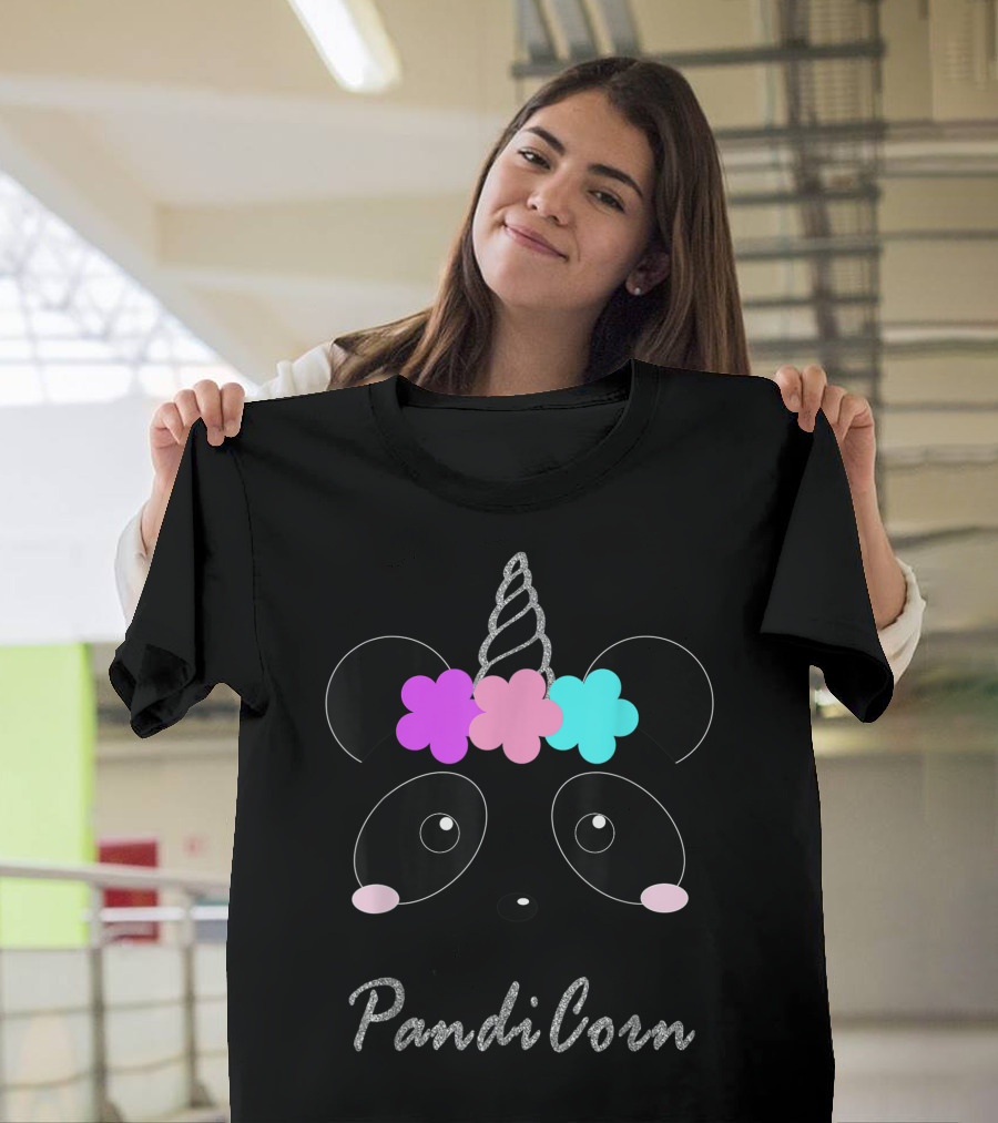 Pandicorn Panda Unicorn with Flower Crown and Sparkle Horn T-Shirt