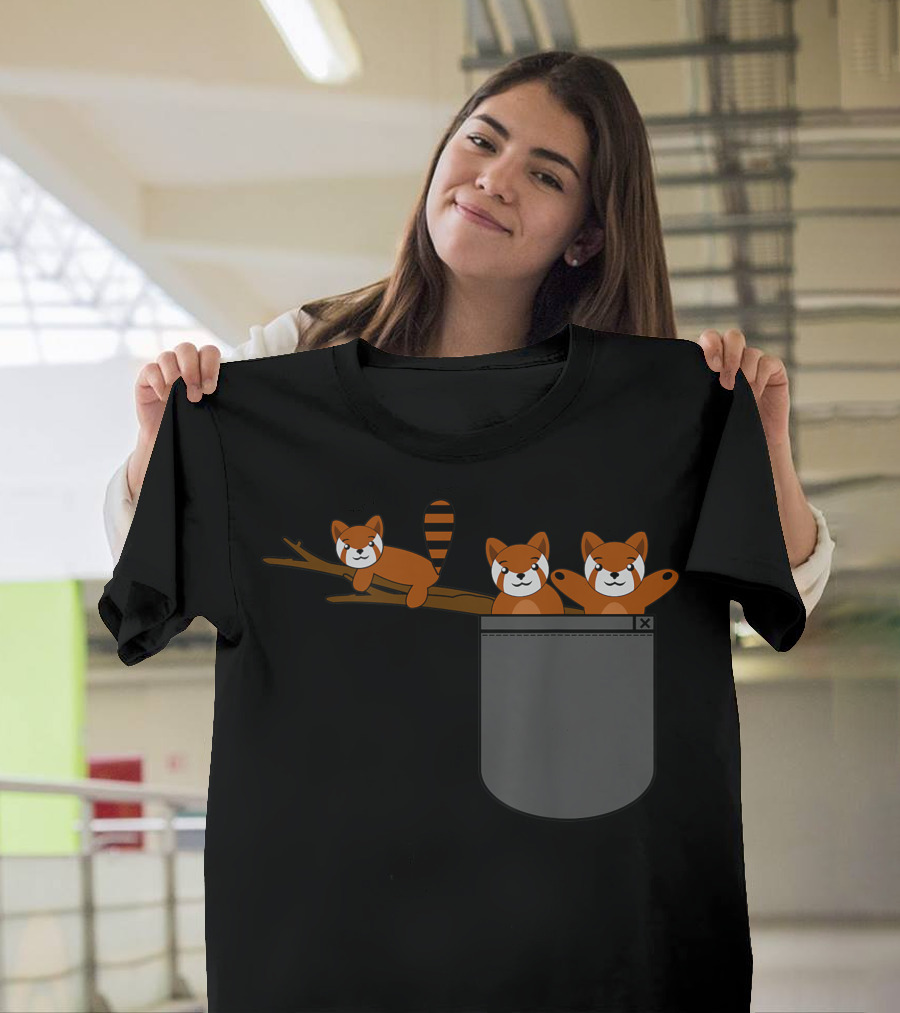 Red Panda Bear Trio Hanging Out Over Pocket Cool Unique T-Shirt
