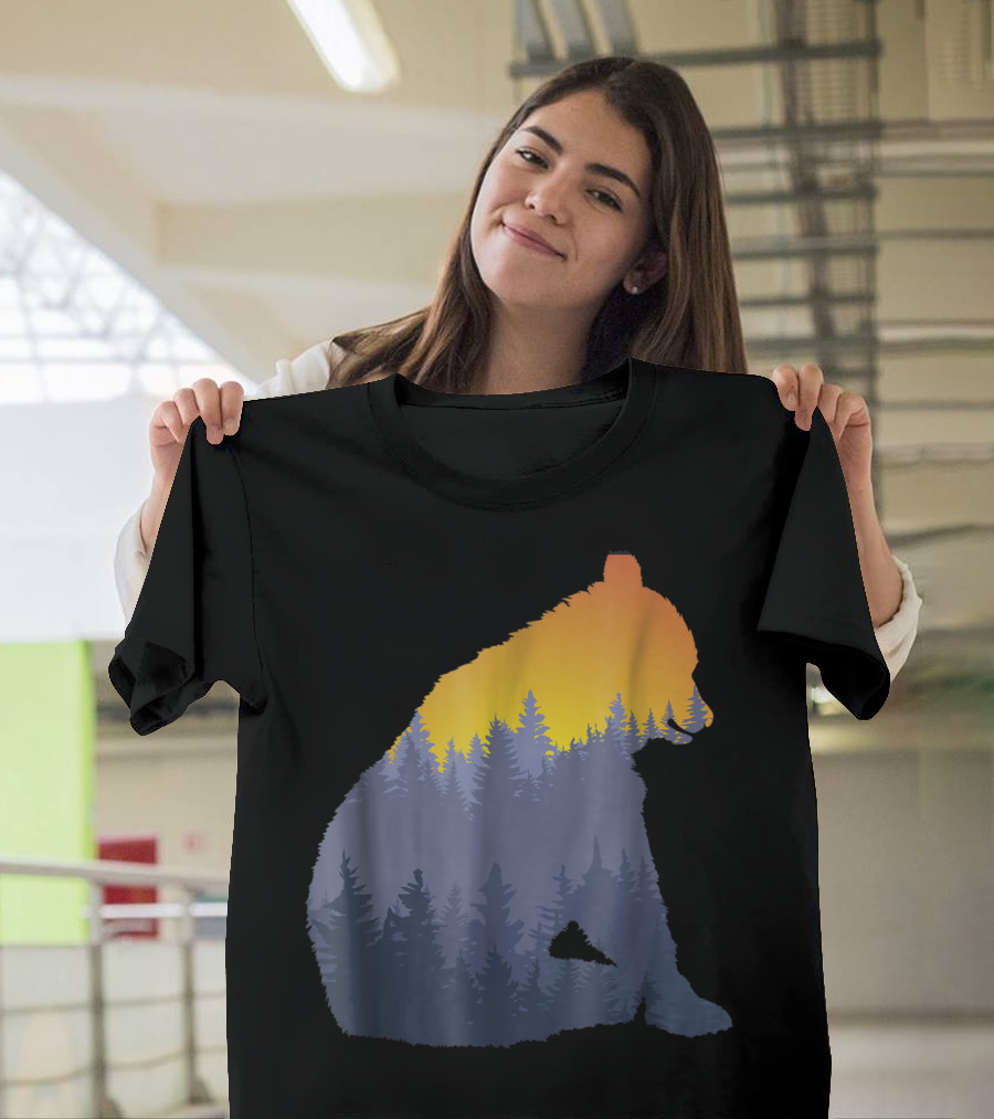 Black Bear Silhouette in Sunset Pine Tree Forest in Mountain T-Shirt