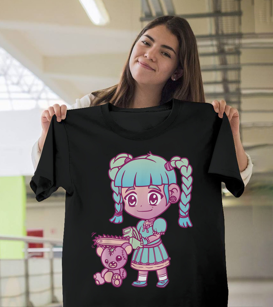 Anime Aesthetic Pastel Goth Girl with Chainsaw Teddy Bear T-Shirt