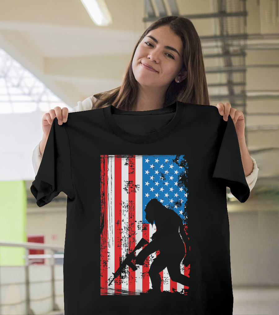 Bigfoot Sasquatch Armed AR-15 American Flag Patriotic T-Shirt