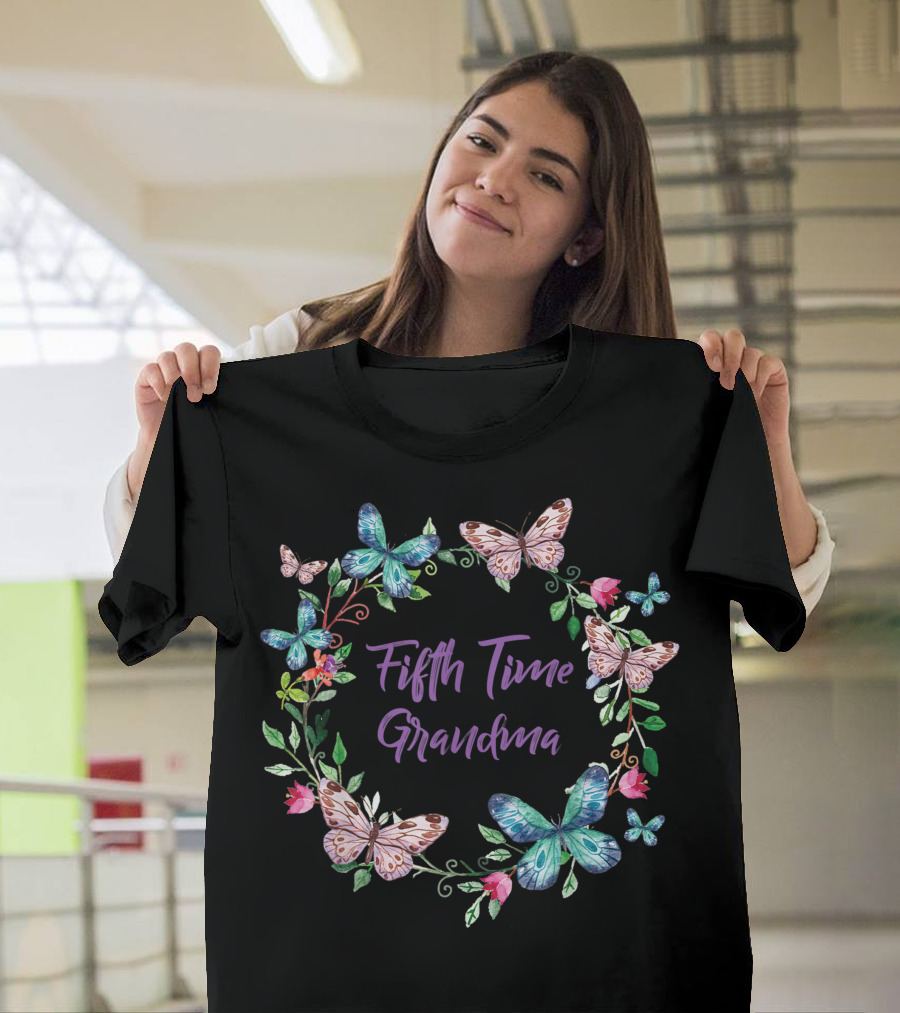 Fifth Time Grandma Butterfly Floral Wreath T-Shirt