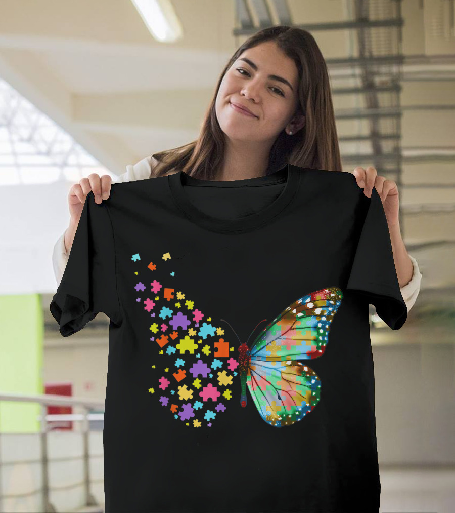 Autism Awareness Butterfly Peace Lover Puzzle Pieces T-Shirt