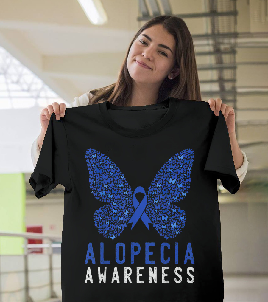 Butterfly Alopecia Awareness Blue Ribbon Support Warrior T-Shirt