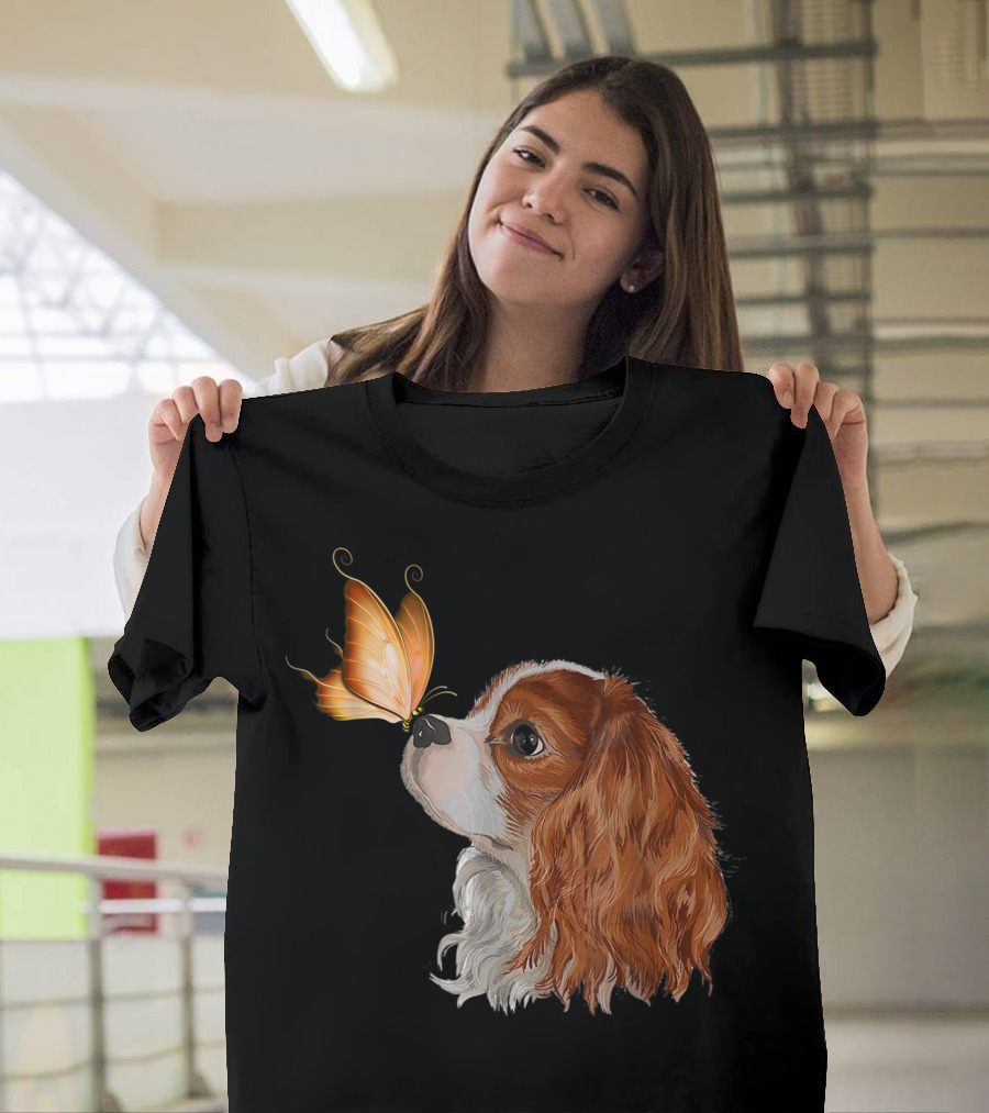 Cavalier King Charles Spaniel Nose to Nose with Orange Butterfly T-Shirt