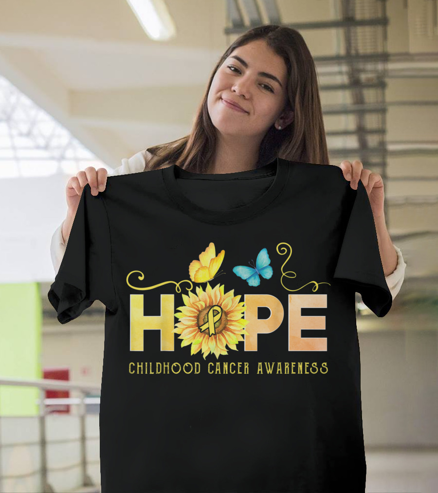 HOPE Sunflower Yellow Ribbon Butterfly Childhood Cancer Awareness T-Shirt
