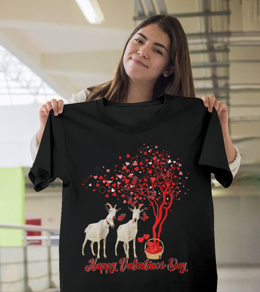 Happy Valentine's Day Goat Lover Butterfly Heart Tree T-Shirt