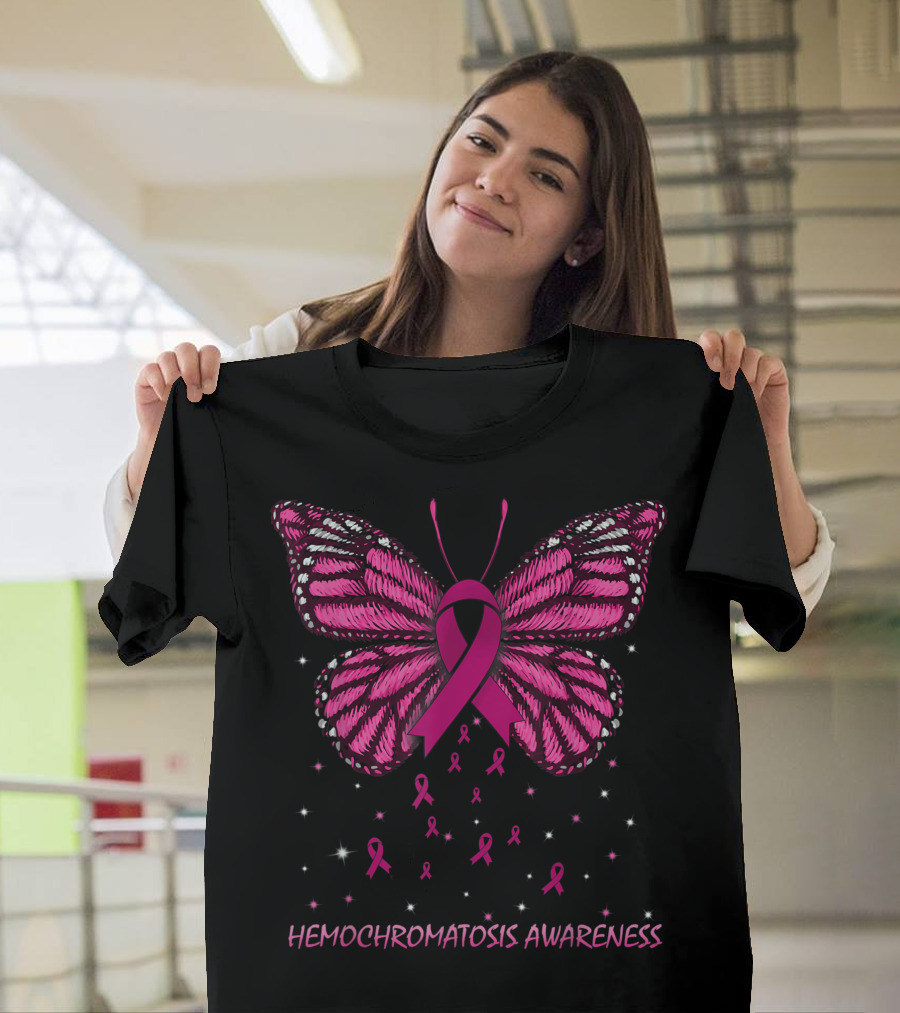Hemochromatosis Awareness Pink Ribbon Butterfly with Stars T-Shirt