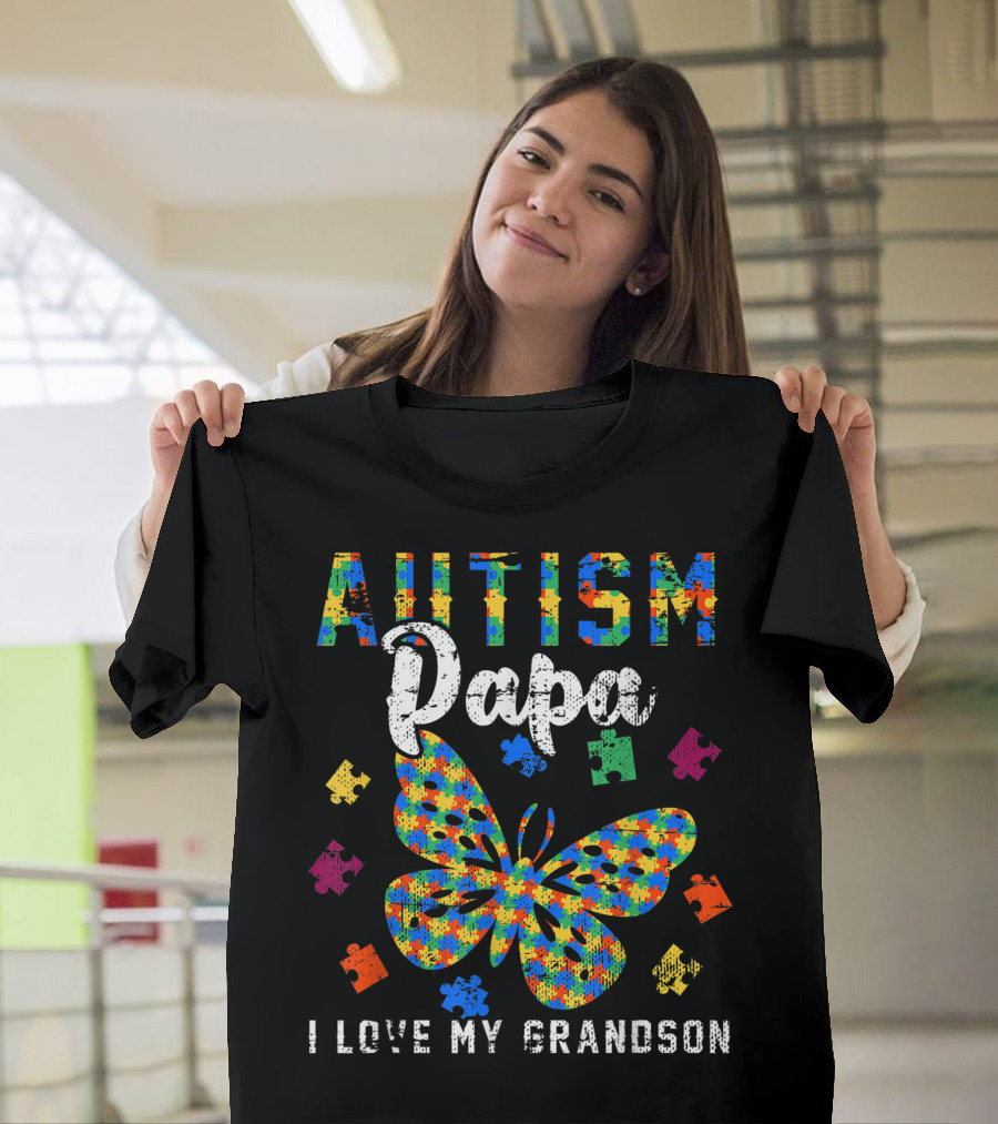 Autism Papa Butterfly Puzzle I Love My Grandson T-Shirt