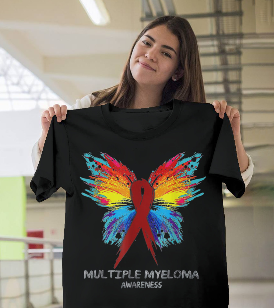 Multiple Myeloma Awareness Red Ribbon Butterfly Colorful Splatter T-Shirt