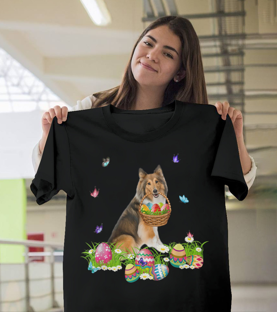 Sheltie Bunny Dog with Easter Eggs Basket and Butterflies T-Shirt