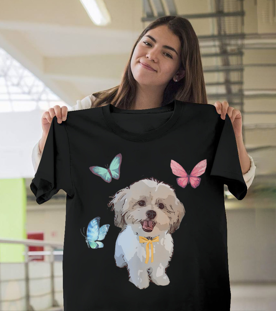 Shih Tzu With Colorful Butterflies and Yellow Bow T-Shirt
