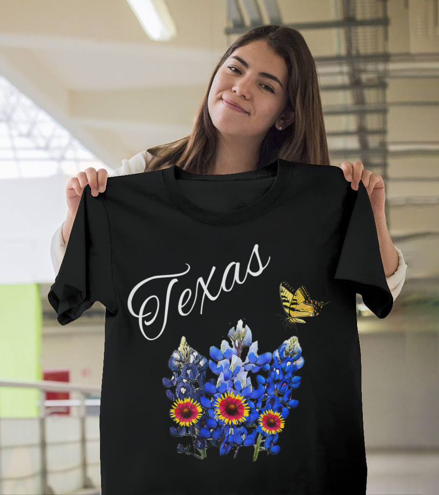 Texas Bluebonnet Wildflower Butterfly Floral Harmony T-Shirt