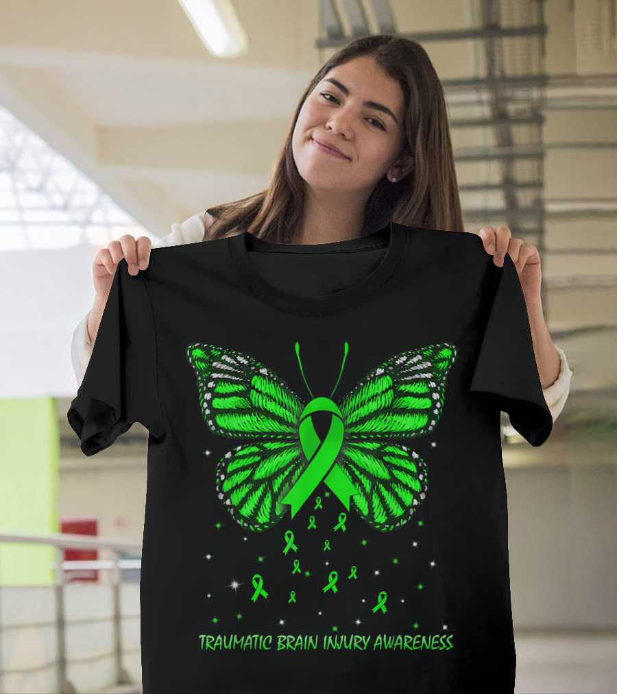 Traumatic Brain Injury Awareness Green Ribbon Butterfly T-Shirt