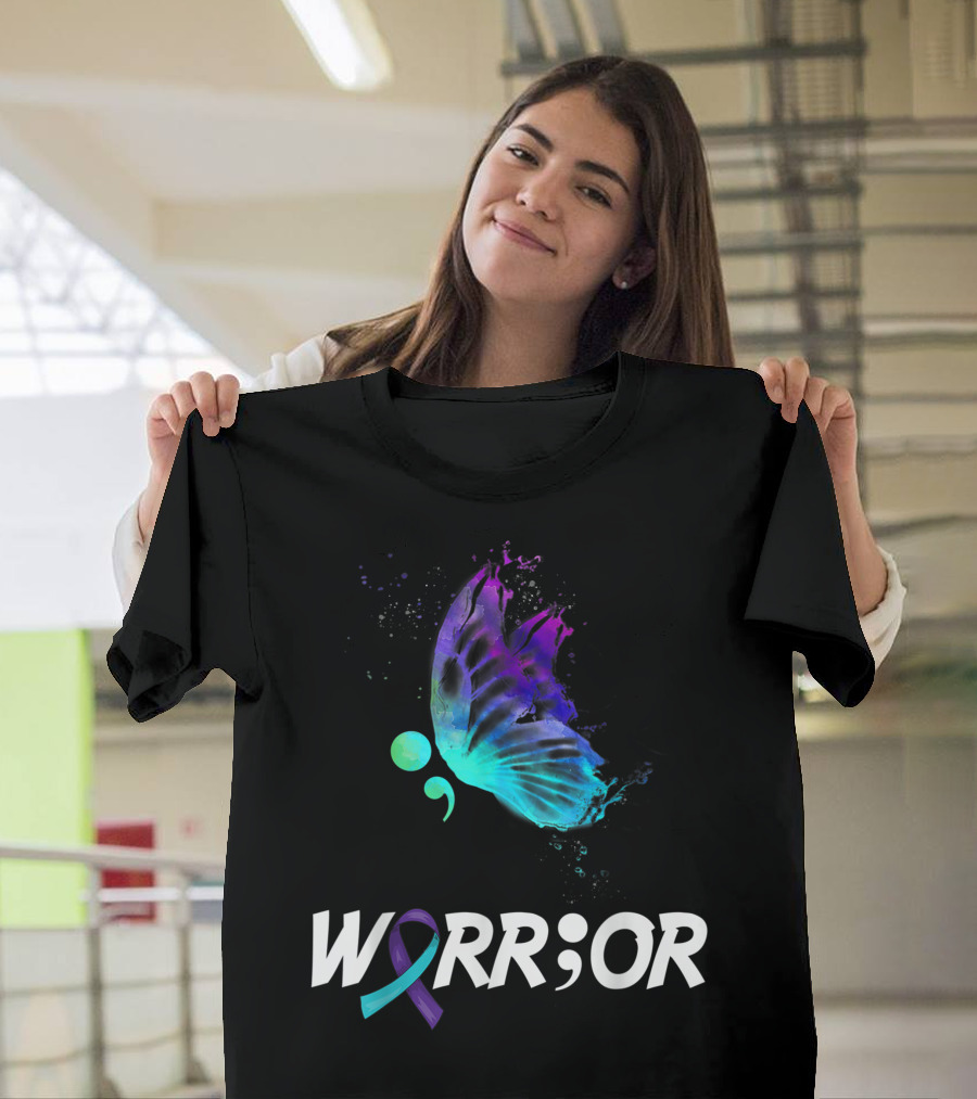 Warrior Semicolon Butterfly with Awareness Ribbon Suicide Prevention T-Shirt