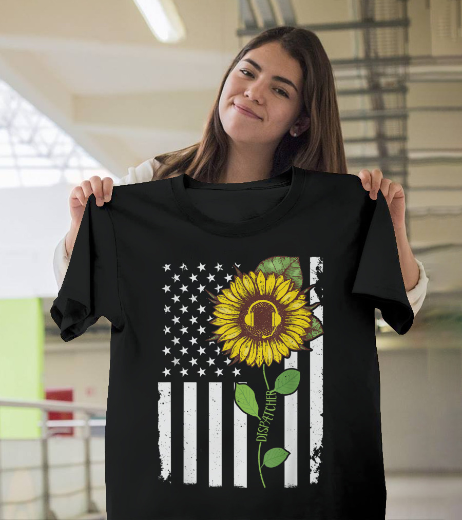 American Flag Sunflower Headphones Dispatcher Hippie T-Shirt