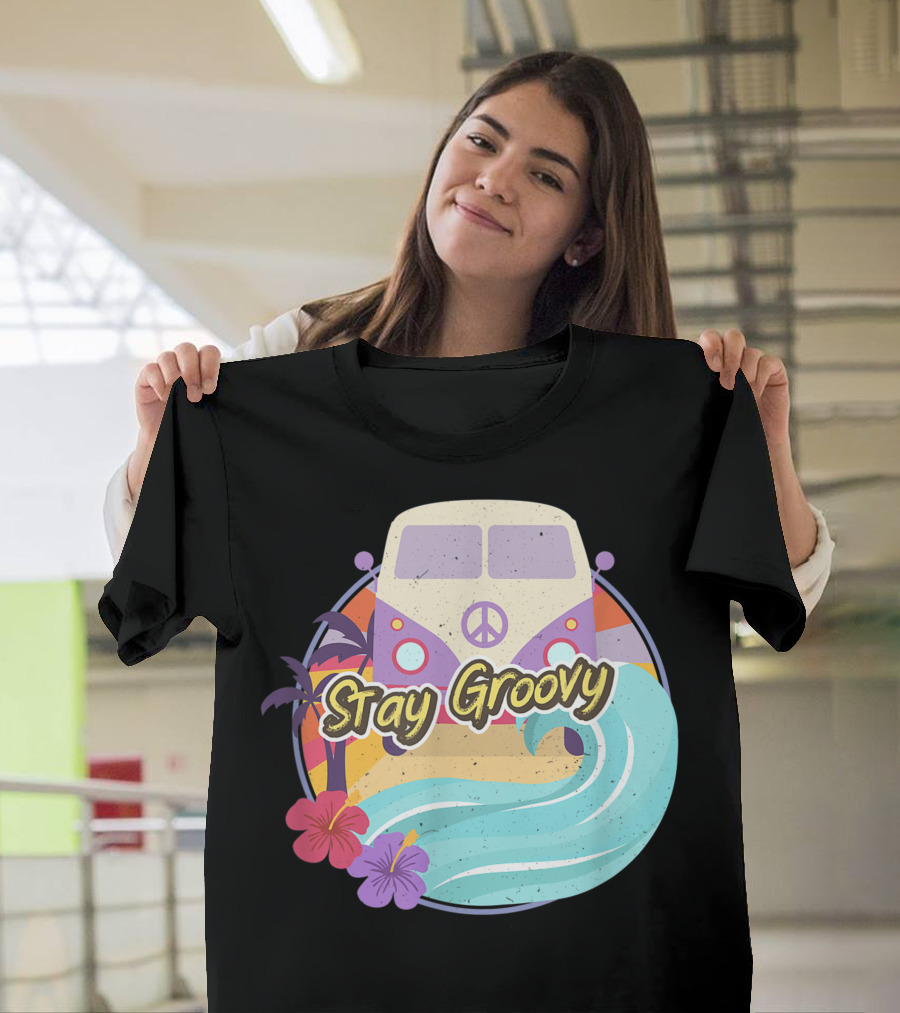 Stay Groovy Vintage Hippie Bus with Peace Symbol and Tropical Surf Vibes T-Shirt