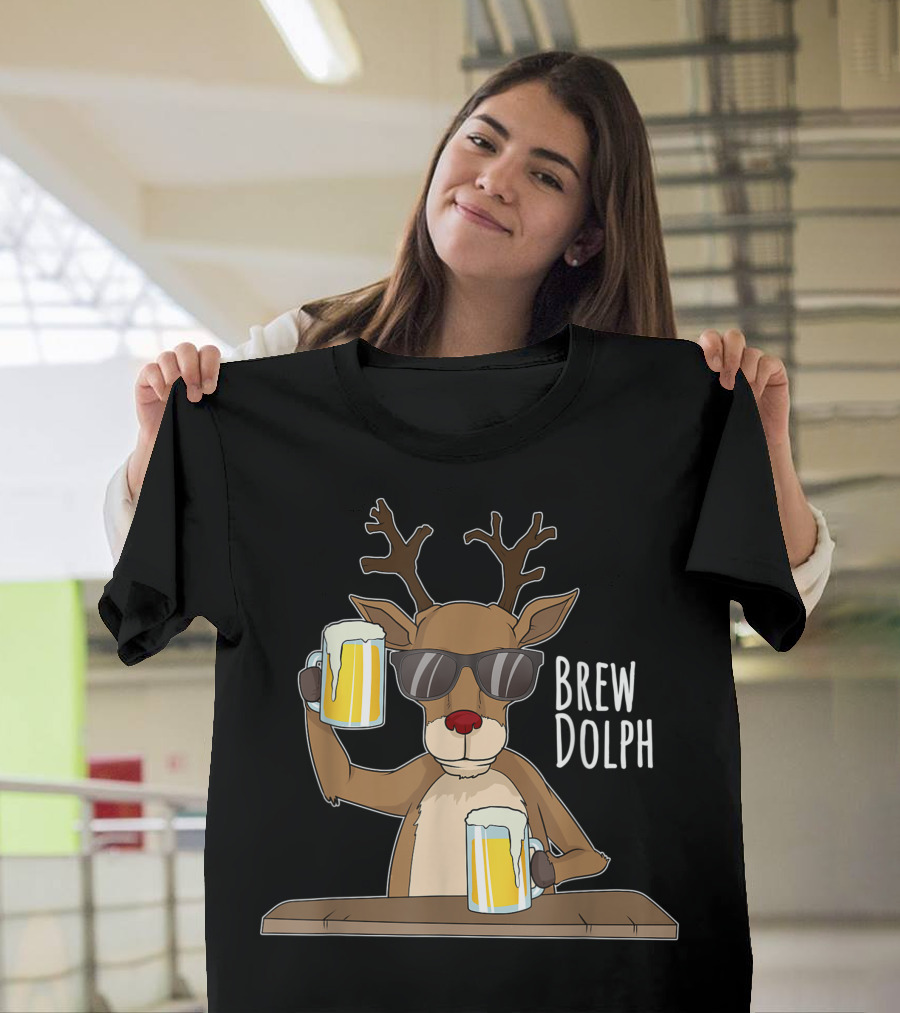 Brew Dolph Rudolph Christmas Holiday Reindeer with Beer Mugs Wearing Sunglasses T-Shirt