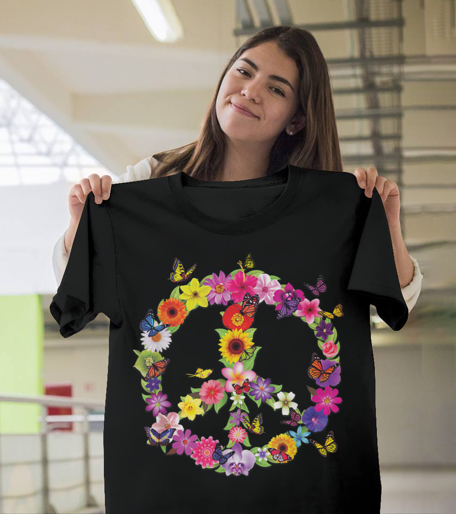 Butterfly Peace Sign with Floral Flower Garden Nature N5 T-Shirt