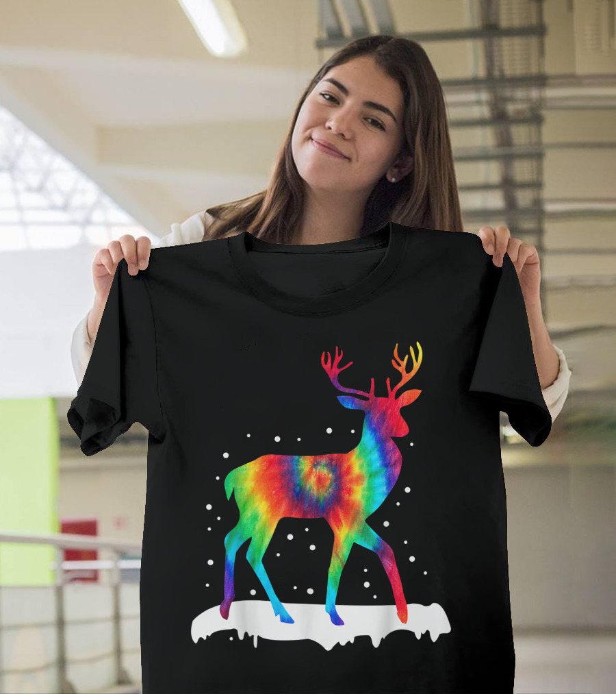 Christmas Rainbow Tie Dye Reindeer with Snowflakes T-Shirt