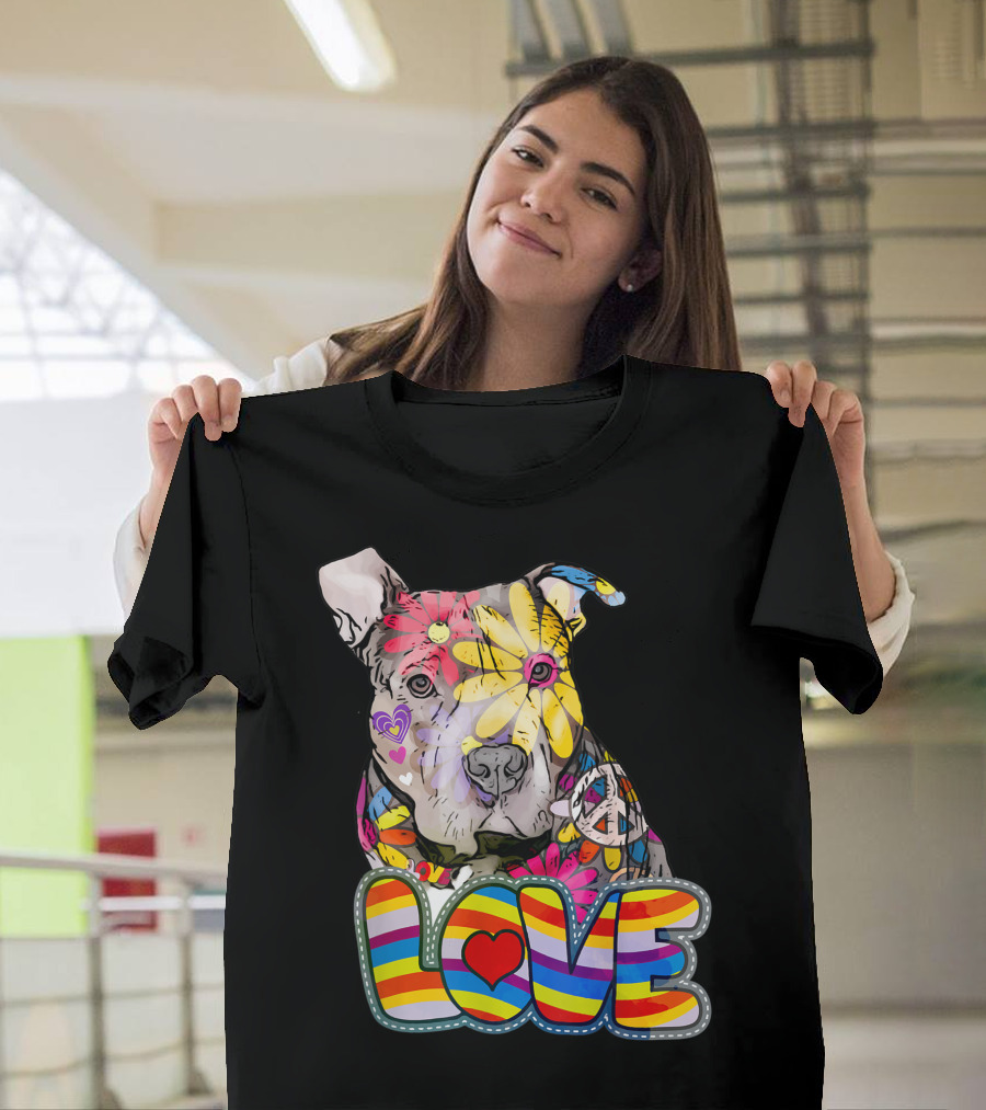 Colorful Peace Love Pitbulls Lover with Vibrant Heart and Peace T-Shirt