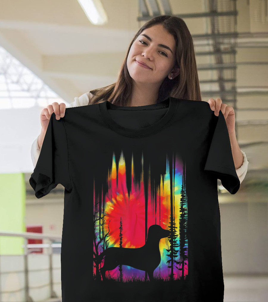 Colorful Tie Dye Dachshund Hippie Puppy Psychedelic Forest T-Shirt